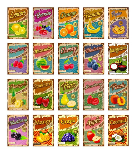 20 Carteles Metalicos De Frutas Decorativas Vintage 10x15 Cm