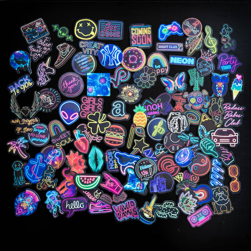 Kit 100 Adesivos Neon Fluorescente Caveira Placas Rock Cores