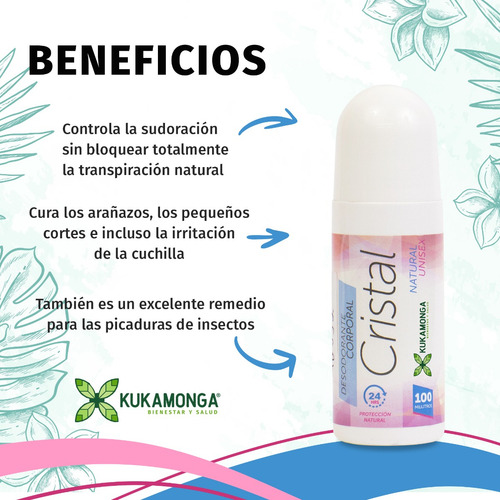 Desodorante Natural Roll On Unisex 24 Hrs, Cristal -100 Ml