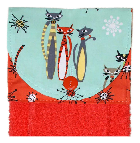 Toalla De Mano Colgante - Mod Cats On Aqua Con Tela Coral St