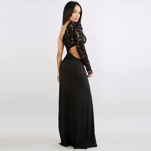 Vestido Negro Fashion Sexy Una Manga Abertura En Pierna Cock