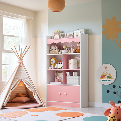 Librero De Madera Moderno Para Niños Con 4 Pisos Y 2 Puertas Rosa