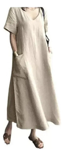 Vestido De Verano De Algodón Holgado Con Cuello En V