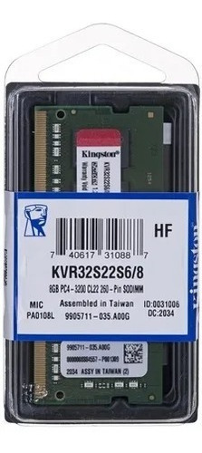 Memoria Ram So-dimm 8gb 3200mhz Kingston Kvr32s22s6/8 Verde