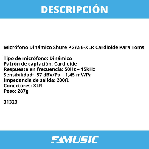 Imagen 2 de 11 de Micrófono Dinámico Shure Pga56-xlr Cardioide Para Toms
