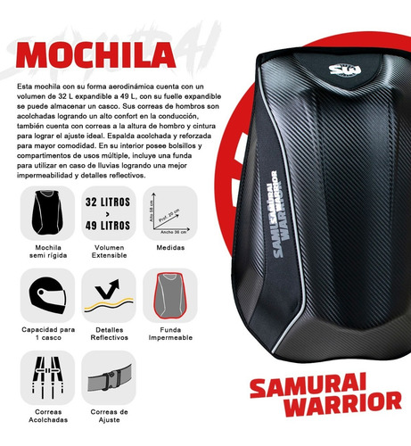 Imagen 10 de 10 de Mochila Moto Semi Rigida Turismo Samurai 32/49 Lts Casco