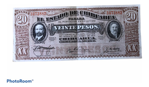 Billete Antiguo Revolucionario, 20 Pesos Chihuahua 3473882