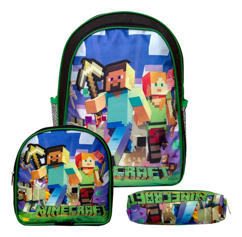 Kit Mochila Escolar Infantil Jogo Minecraft Grande De Costas