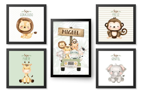 Kit Quadro Decorativo Safari Baby Aquarela Bege E Verde