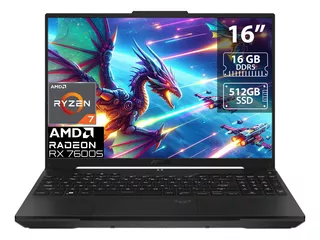 Laptop gamer Asus TUF FA617NS negra 16", AMD Ryzen 7 7735HS 16GB de RAM 512GB SSD, Radeon RX 7600S 165 Hz 1920x1080px Windows 11 Home