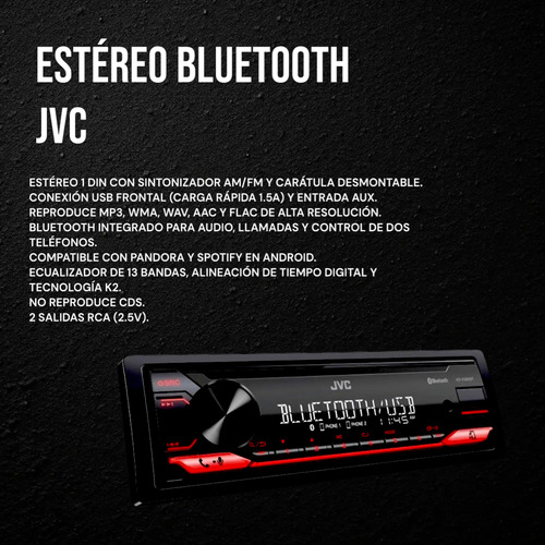 Estéreo 1 Din Bluetooth, Usb, Mp3, Aux Jvc