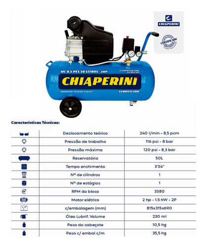 Motocompressor Ar Chiaperini Mc 8.5/50 2hp 50l C/ Rodas 127v