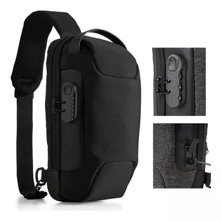 Bolsa Mochila Pochete Diagonal Transversal Ombro Masculina Cor Preto Desenho do tecido Nylon Couro Sintético