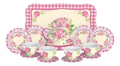 Set Tacitas De Té Metal Clásico Schylling Color Rosa Floreado