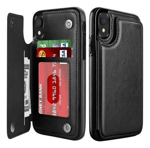 Funda Para iPhone XR 6.1 De Cuero Flip Porta Tarjetas Negro