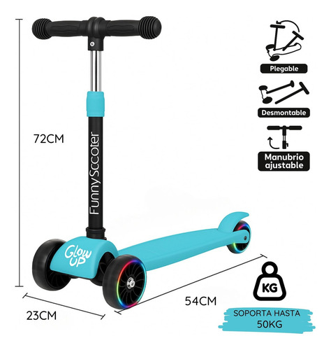 Scooter Infantil Glowup Calipso Niño Niña Con Luces Led Plegable Altura Ajustable 4 Niveles Ruedas Triplas Estables Freno Trasero Desde 3 Años | Soporta hasta 50kg | Monopatín De Pie Seguro Y Liviano