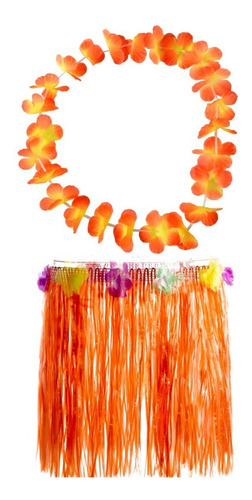 Set Disfraz Pollera Y Collar Hawaiano Hula Flores Colores