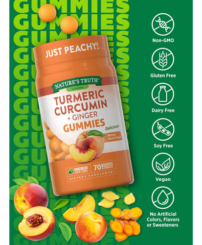 Nature's Truth Curcuma Y Curcumina Bote de Plástico 70 Gomitas Veganas Sabor Durazno