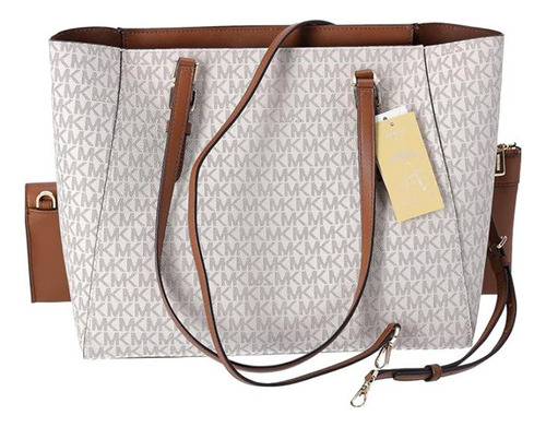 Bolso bandolera Michael Charlotte, 3 x 1, blanco y marrón, con marco de herrajes, color dorado, diseño de tela blanca, liso