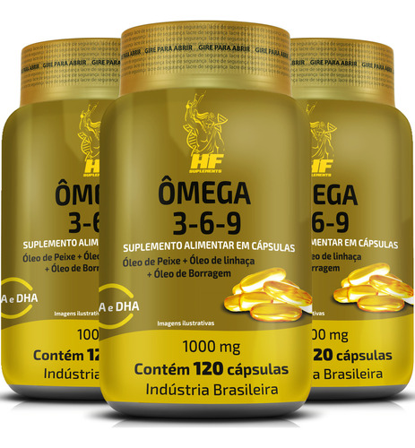 3x Omega 3 6 9 Peixe Linhaça Borragem 120caps Hf Suplements