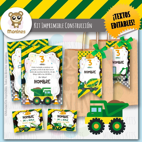 Kit Imprimible Construcción Tractor Verde ¡textos Editables!