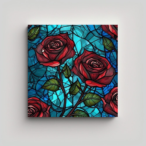 Cuadro Majestuoso De Rosas En Vitral 50x50cm Bastidor Madera