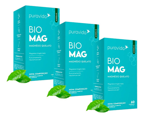 Kit 3x Bio Mag Magnesio Quelato - 60 Caps Cada - Puravida Sabor Sem Sabor