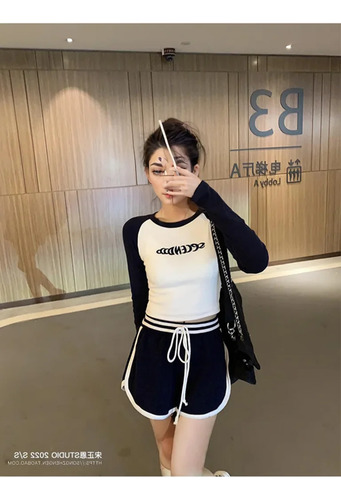 Camiseta De Manga Larga Color Block Slim Fit Para Mujer