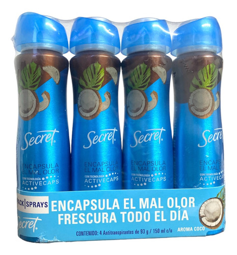 Pack De 4 Desodorantes Secret Encapsula El Mal Olor 150ml Cu Fragancia Coco