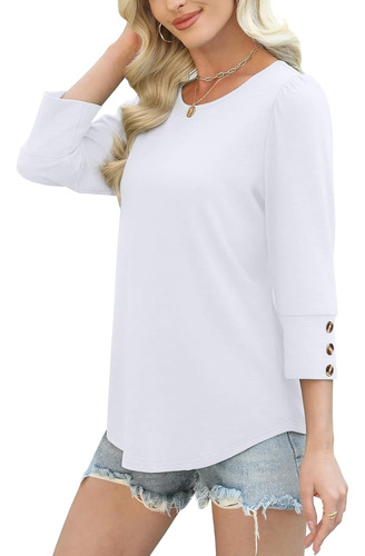 Camiseta De Manga Sete Quartos Com Gola Redonda E Botões