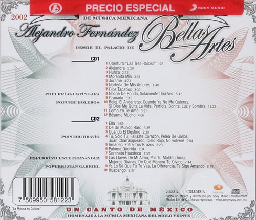 Alejandro Fernandez Bellas Artes En Vivo 2 Discos Cd