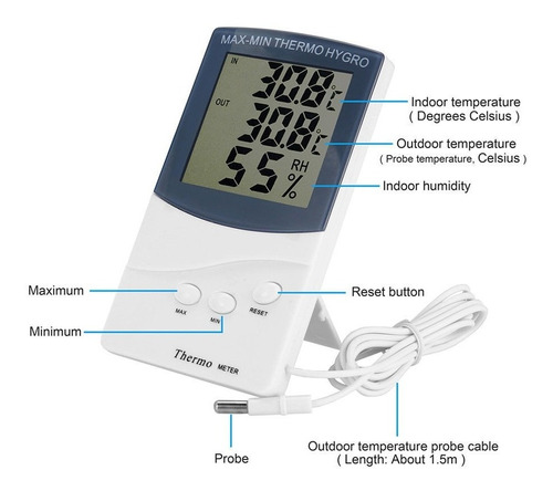 Termómetro Digital Lcd Interior Exterior Sonda Higrómetro