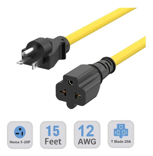 15-ft 12awg Nema 5-20p Cable De Extensión 20 Amp 125v 5-20