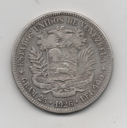 Fuerte De Plata De 1926 Moneda De 5bs