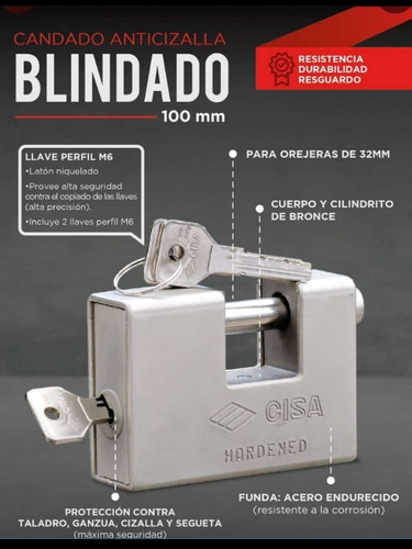 Candado Blindado Anticizalla 100mm Con Llave M6 Cisa