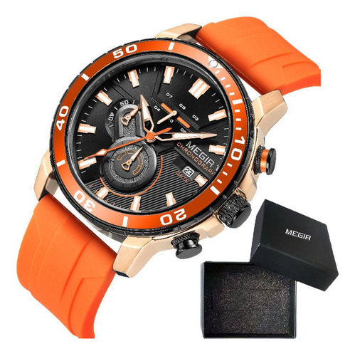 Reloj Luminoso Cronógrafo Megir Calender Fashion Color De La Correa Naranja