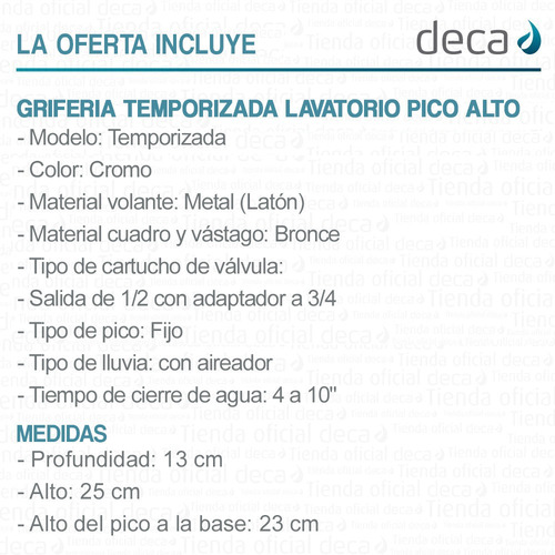 Imagen 6 de 10 de Lavatorio Mesada Pico Alto Griferia Temporizada Deca 53007