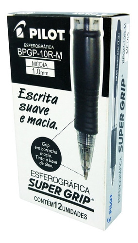 Caneta Esferográfica Preta Pilot Super Grip 1.0 12 Unidades