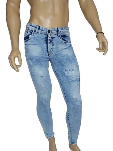 Jeans Pantalón Strech Ajustado Con Deslavado Claro Hombre