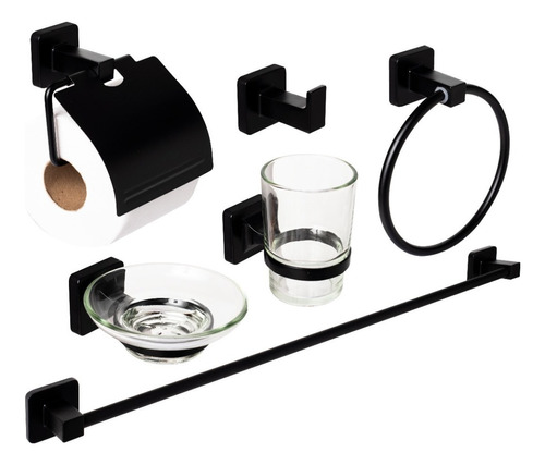 Set Accesorios Baño Ducha Negro Mate 6 Pzs Metalico Tawak Sf