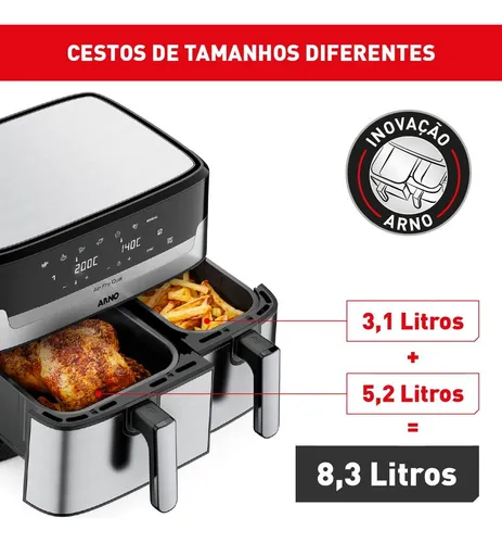 Fritadeira sem Óleo Airfryer Arno Dual 8,3L Inox Digital 1800W AFD2