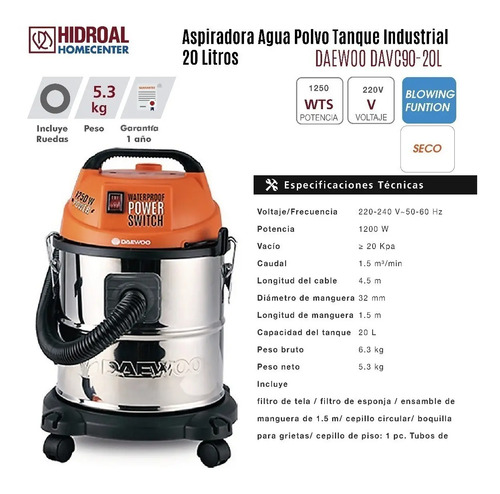 Aspiradora Agua Polvo Tanque Industrial 20 Litros Daewoo | Cuotas sin  interés