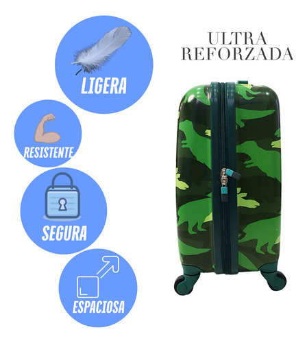 Maleta Chica Ligera Viaje Con Ruedas De Niño Diseño A Elegir Dinosaurios Verde Infan
