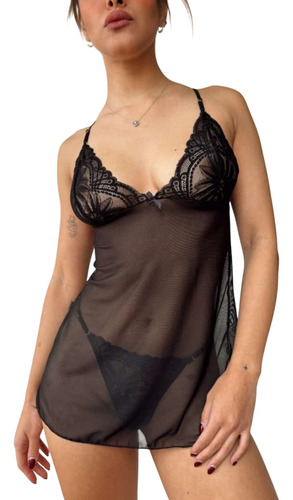 Babydoll Dolce Tull Y Encaje Con Less - Brune Lenceria Blanco 85