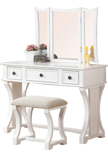 Conjunto De Tocador Con Taburete Color Blanco Marca Poundex