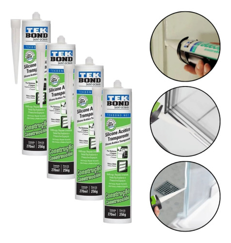 Kit 4 Silicone Acético Transparente Tubo 256g/270ml Tek Bond