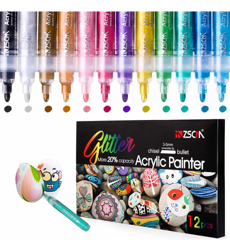 Zscm 12 Colors Acrylic Glitter Markers Paint Pens, Rock Pain