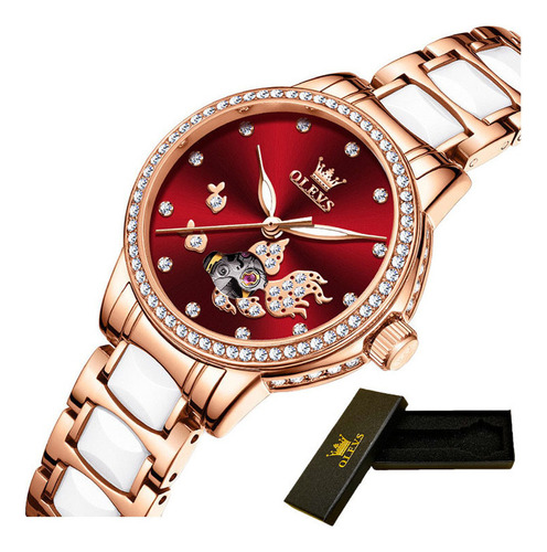 Reloj Automático Luminoso De Lujo Olevs Diamond Color Del Fondo Rojo