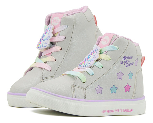 Tenis Para Niña Bota Unicornio Estrellas Onix Moda Plateado