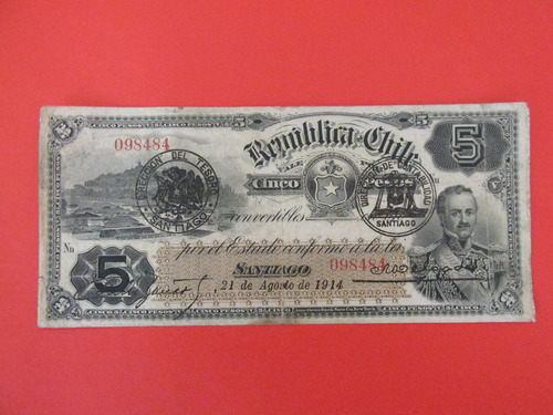 Billete Chile 5 Pesos Firmado Zañartu-delgado 1914 Escaso